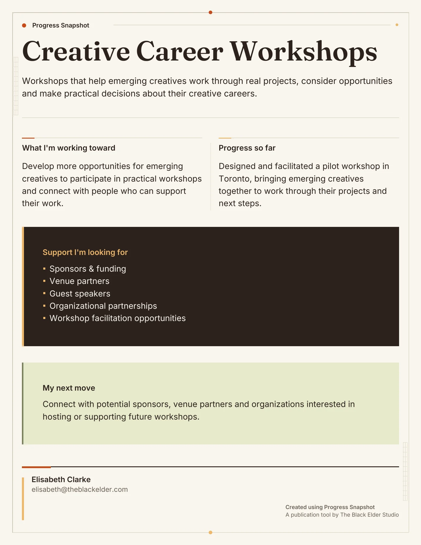 The actual Progress Snapshot example publication for Creative Career Workshops, showing the project, progress, support and next move.